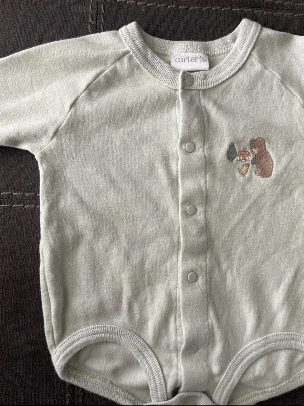 Carter's Light Sage Green Snap-Front Baby One-Piece with Bear Embroidery